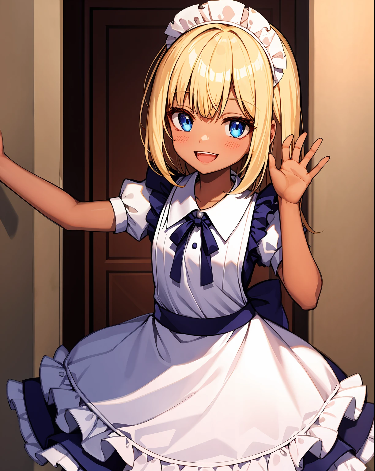 A maid, looking upwoards, blonde hair, tan skin, happy, smiling, flat chest, POV