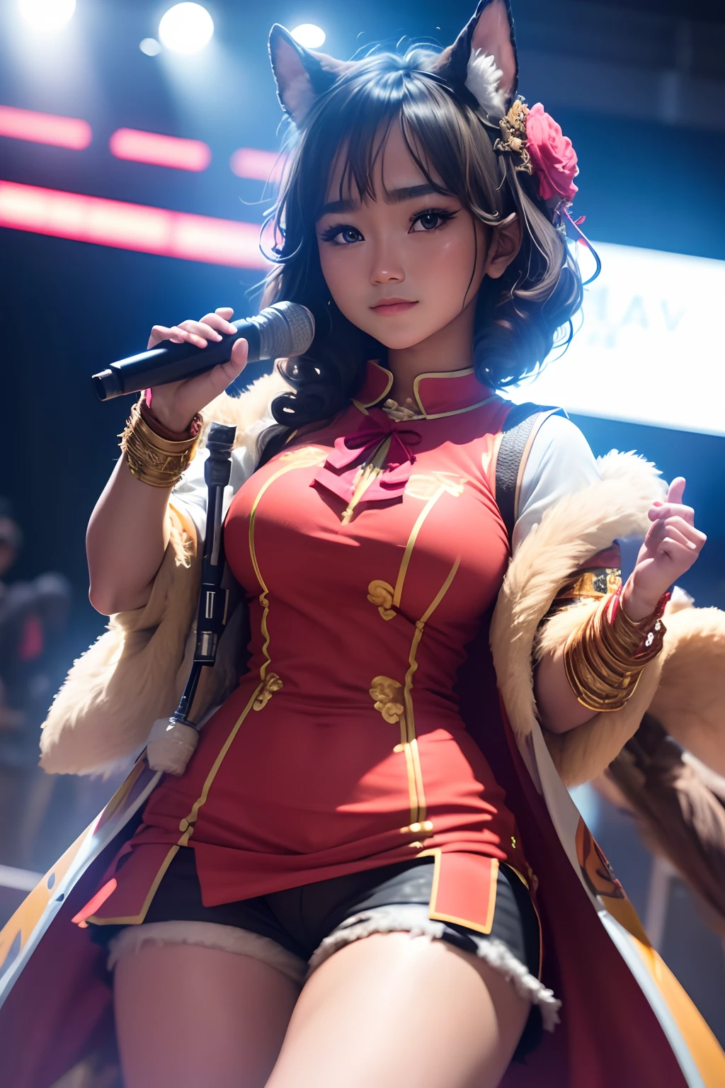 freya from JKT48, idol, indonesian girl, cosplaying, in tokyo, looking at camera, cinematic, sharp lense, professional photographie, 70mm lense, soft light, , 4k