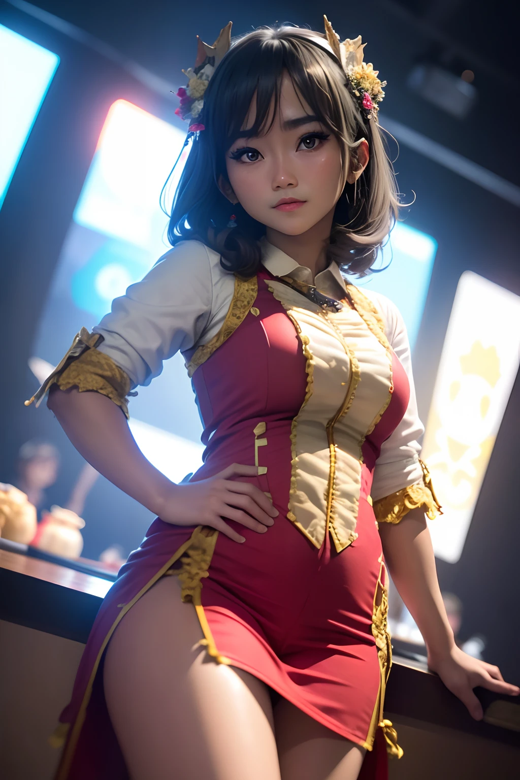 freya from JKT48, idol, indonesian girl, cosplaying, in tokyo, looking at camera, cinematic, sharp lense, professional photographie, 70mm lense, soft light, , 4k