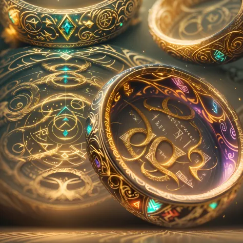 (best quality,4k,highres), front view, glowing rune AI,wedding ring,round golden ring with a fantasy magical vibe,elegant with intricate glowing runic lines,shiny and eye-catching,runic ring with a small, sparkling rainbow-colored diamond on top,together c...