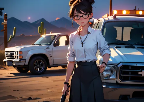 ((nighttime)) , ((empty desert)) , (young woman dressed in office clothes aiming gun off screen) , white shirt and black skirt, ...