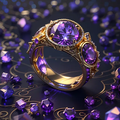 hyper HD, Super detail, Best quality, High details, 1080p, 16k, A high resolution，Close-up of the ring，A ring with a sparkling surface, The magical wishing ring,  magic crystal ring, magic ring with a diamond, purple sparkles, gold and purple, ring lit,, S...