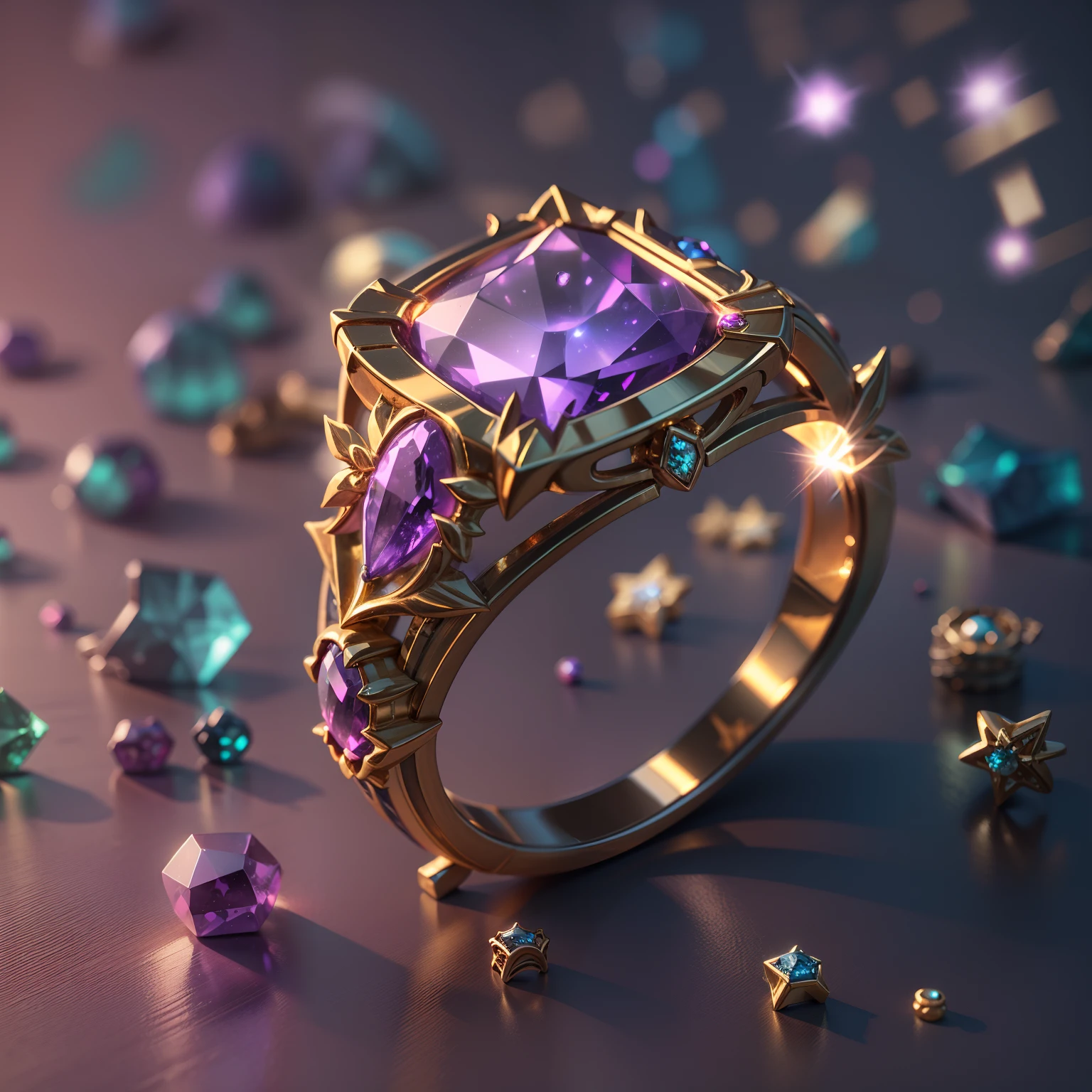 hyper HD, Super detail, Best quality, High details, 1080p, 16k, A high resolution，Purple diamond ring，A ring with a sparkling surface, Magical wish ring,  magic crystal ring, magic ring with a diamond, purple sparkles, gold and purple, ring lit,, Sparkling gold ring, glowing purple, The background is a mysterious starry sky, cosmic purple space!, Ring photography, Gemstones and yellow gold rings，(The best illustrations)，(The best shadow)，Isometric 3D.Octane rendering，Hyperrealistic