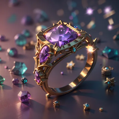 hyper HD, Super detail, Best quality, High details, 1080p, 16k, A high resolution，Purple diamond ring，A ring with a sparkling surface, Magical wish ring,  magic crystal ring, magic ring with a diamond, purple sparkles, gold and purple, ring lit,, Sparkling...