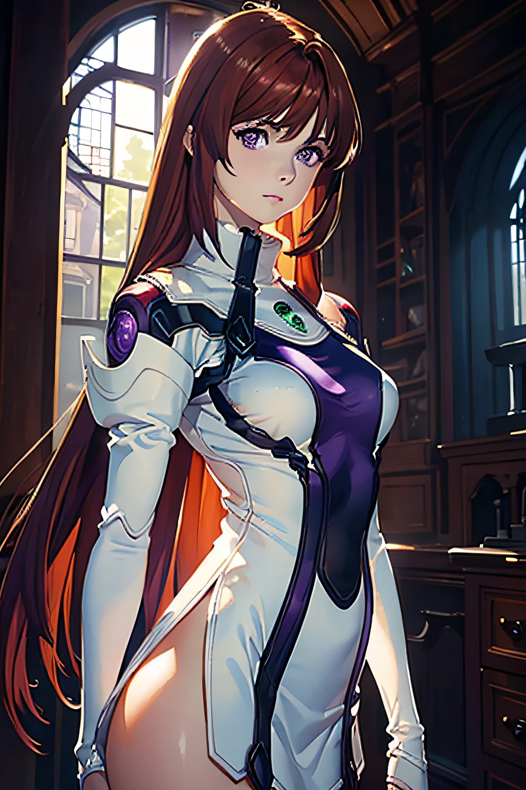 (masterpiece:1.2, best quality), (finely detailed beautiful eyes: 1.2), ((1girl)), (purple eyes:1.4), (finely detailed eyes and detailed face:1.3), ((girl with long red hair)), (beautiful and clear background:1.2), (extremely detailed CG, ultra-detailed, best shadow:1.1), ((depth of field)), ((watercolor)), beautiful concept illustration, (orange background:0.5), (illustration:1.1), (extremely fine and beautiful:1.1), (perfect details:1.1), from front, cowboy shot, scenery (perfect body)