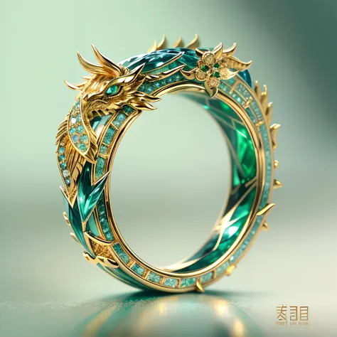 Masterpiece，highest  quality，(Nothing but the ring)，(No Man),The ring is shaped like a Chinese dragon，Wrapped around the end from beginning to end，Delicate gold ring，The sheen，inverted image，Sparkling blue-green gemstones，Elegant and noble,simple backgound
