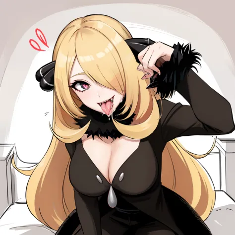 (masterpiece), (best quality)
BREAK cynthia \(pokemon\), fur collar, black coat, fur-trimmed coat, black shirt, black pants, looking at viewer, smile, heart-shaped_pupils, hand on chin, blonde hair, ahegao, tongue out, drooling,   bedroom