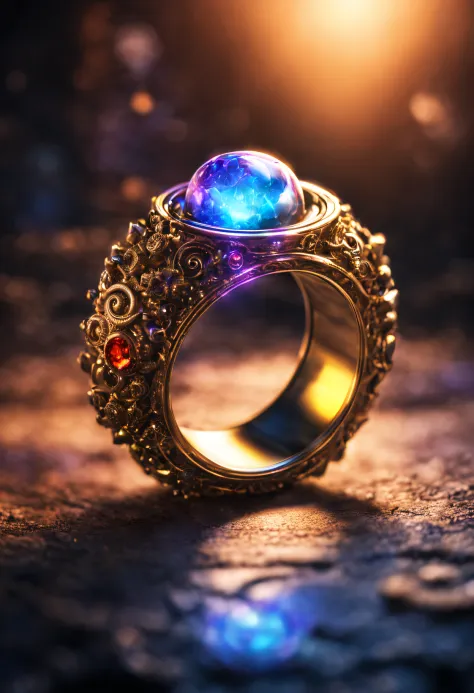 (masterpiece), (best quality),(HDR), magical ring made of infinity stone that controls time, magical aura coming out of the ring, highly extremely detailed, mist, fairy light, vibrant colors, chromatic aberration abuse, depth of field,