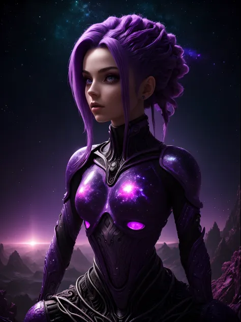 Masterpiece, RAW photo, hyper photorealistic, Beautiful alien girl with a lot of purple hair, on a far fantastic planet, cosmic landscape, cute sexy, highly detailed, sci-fi aesthetic, fantasy aura, unearthly vegetation, by rutkowski, hdr, intricate detail...