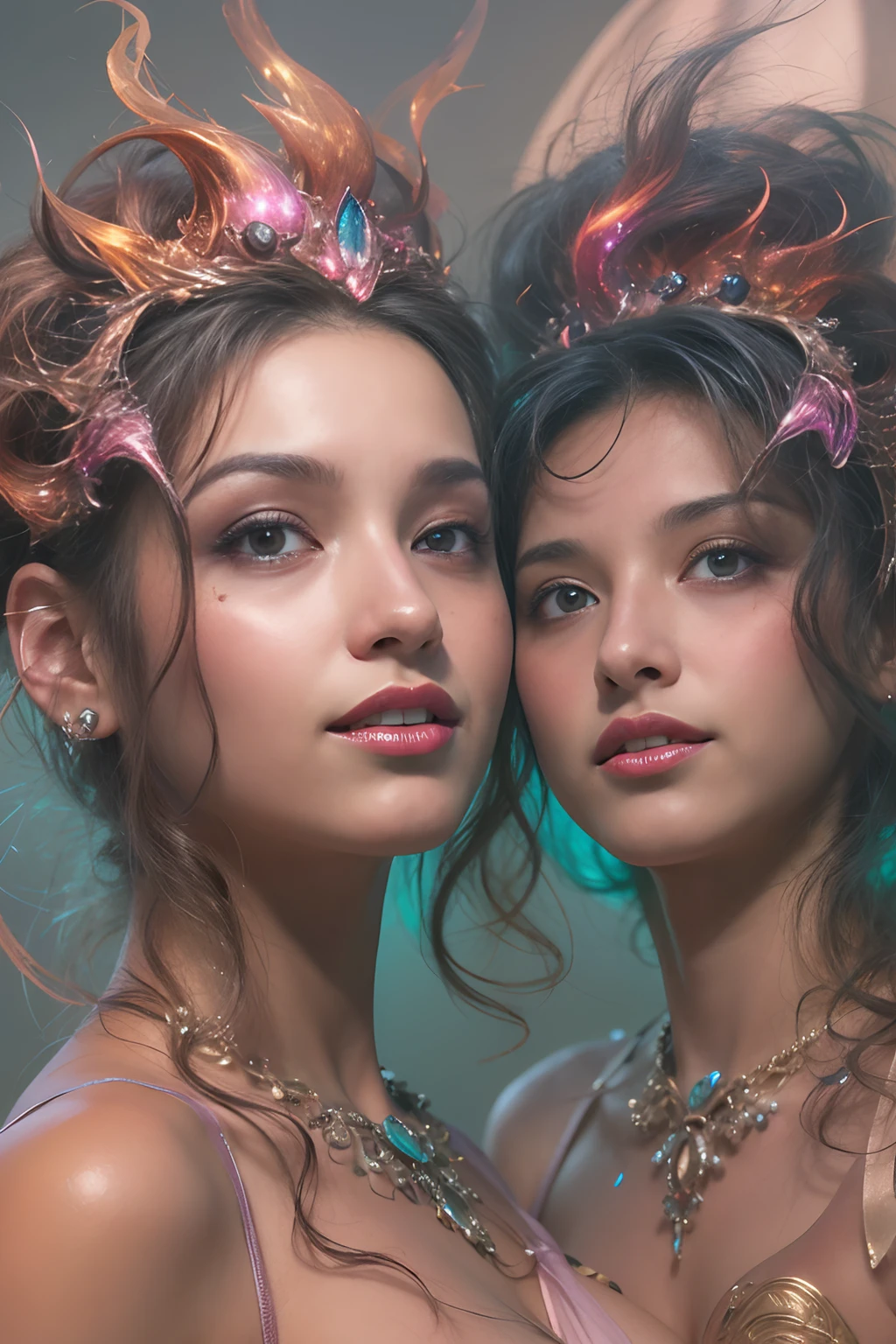 (Two beautiful teenage italian girls:1.6), Close friends, (They are hugging each other:1.2), Kiss her cheek or chest,(Detailed iridescent bodysuit with beautiful fractal or marble design:1.5)Incredible and spectacular scenes, ((High quality)), ((Detailed)), ((Fantasy)), Blue Plasma Brain, Green Plasma Body, Vulgarity, beutiful breast, (Open legs:1.4), obscenity, (Lewd smile:1.2), coarse, Obscene, mean, (raunchy:1.2), (Immoral:1.2), Lachish, (small breasts with beautiful raised pink areolas,,:1.5), (Cameltoe), (Expression of ecstasy:1.2), Photorealistic, Official art, unity 8k wall paper, 8K Portrait, Best Quality, Very high resolution, (Incredibly beautiful nature background:1.6), (18 years old:1.5), (Sexy and glamorous:1.1), (A coquettish expression:1.6), (seductively smiling:1.6), (Full body), (erotic posing:1.5), Beautiful seductive face, Portrait, (Thick eyebrows:1.5), (Big purple eyes:1.2), Beautiful eyes with fine symmetry, (Ultra detailed eyes:1.4), (High resolution eyes:1.1), Intimate face, (ultra detailed skin texture:1.4), White skin, pale skin, Perfect Anatomy, Thin, (Beautiful toned body:1.1), Hair Bow, (Moist skin:1.1), full of sweat, No makeup, dark circles, Good anatomy, Focus Face, good-looking, (Emilia Clark:0.6) (Emma watson:0.3),(Jennifer Connelly:0.4), (sensual face:1.5), Elegant face, Nice, Dolce, Blurred back((looks up)), ((Looking down)), (Around her neck is a simple necklace of exquisite workmanship), (Bioluminescence with brilliant brilliance:1.3), (Use fancy flame magic:1.2), (Swirling flames), The Great Temple of the Devil, The Devil's Grand Shrine, great temple, great cathedral, temple ruins, detached temple, (Luminous magic circle), Ruins of an ancient castle, Shining majestic cloud masses and sky, lightning bolt, Epic Realistic, Faded, Art Book, (Greg Rutkowski:0.8), (teal and orange:0.4), (Art Station:1.5), Cinematic, ((Neutral colors)), (nffsw:1.5), (Muted colors:1.2), Hyper Detailed, Dramatic light, (Intricate details:1.1), Complex b