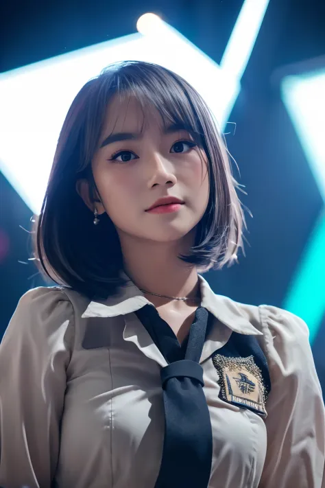 freya from JKT48, idol, indonesian girl, ash gray hair, wearing a black japanese school unform, in the stage, close up, looking at camera, cinematic, sharp lense, professional photographie, 70mm lense, soft light, colorful background, 4k