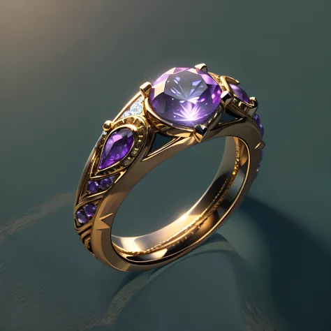 hyper HD, Super detail, Best quality, High details, 1080p, 16k, A high resolution，Close-up of the ring，A ring with a sparkling surface, The magical wishing ring,  magic crystal ring, magic ring with a diamond, purple sparkles, gold and purple, ring lit,, S...