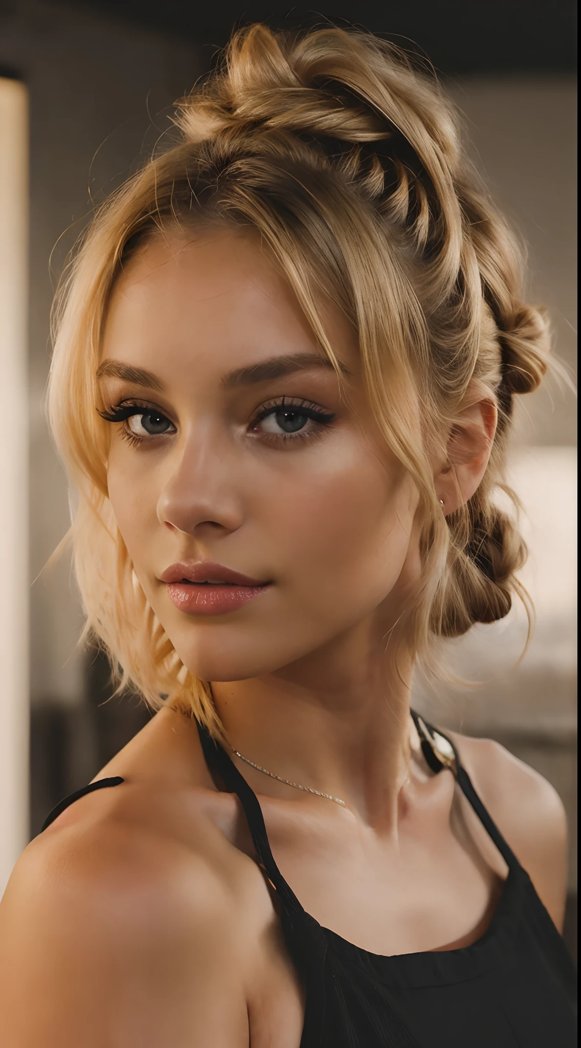 An eye contact of a blonde with a bun and dark theme