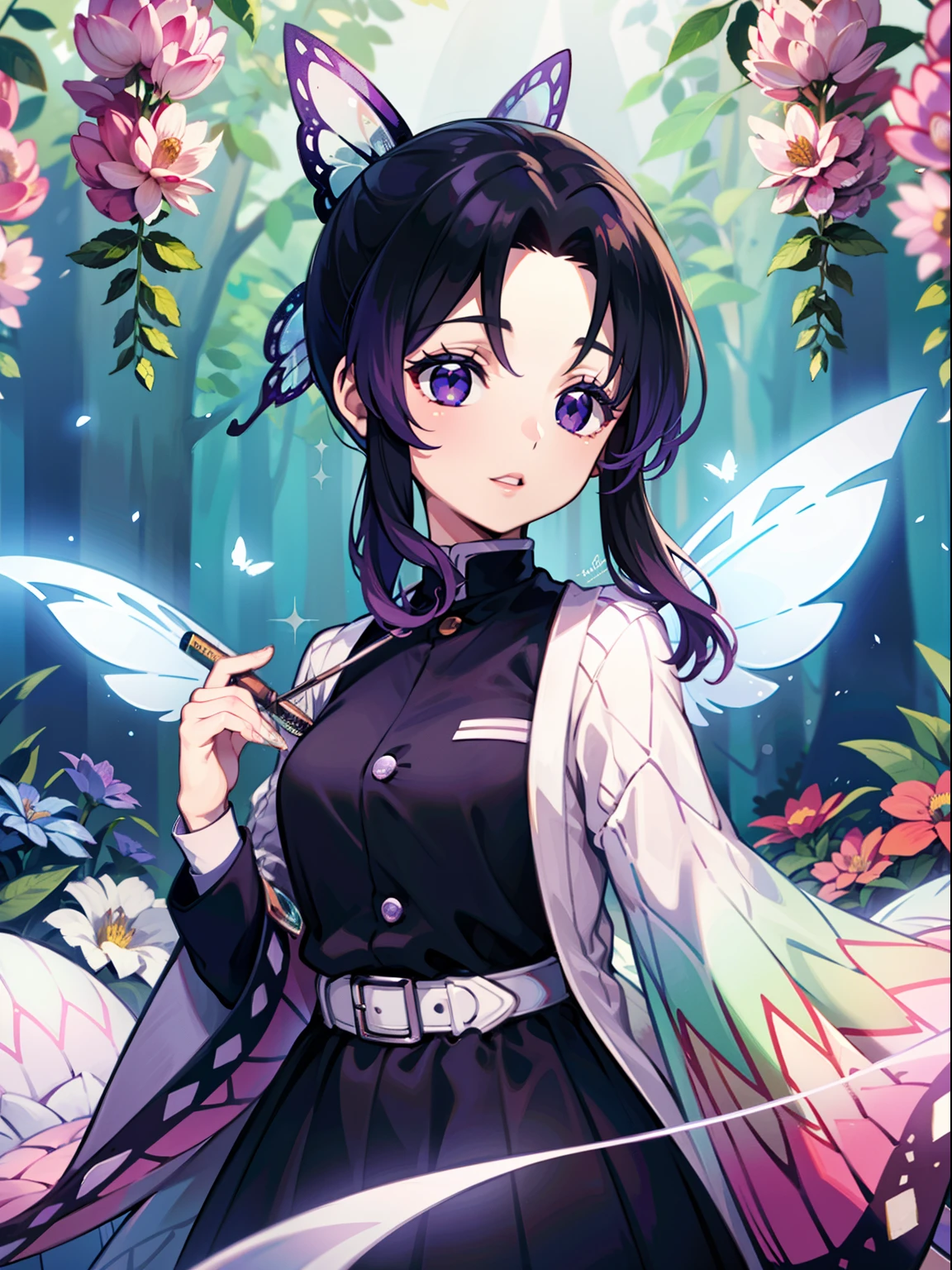 long dark purple hair, purple delaled sparkling eyes, Flower fairy, Transparent colorful wings, Magic wand，The background is forest，fresh flowers，green trees，Outstanding quality，illustration，8k，High definition,