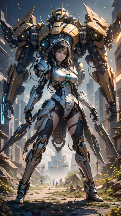 (Best Quality)), ((Masterpiece)), (Very Detailed: 1.3), 3D, Icaru valkirie-mecha, Beautiful cyberpunk woman wearing crown, with ...