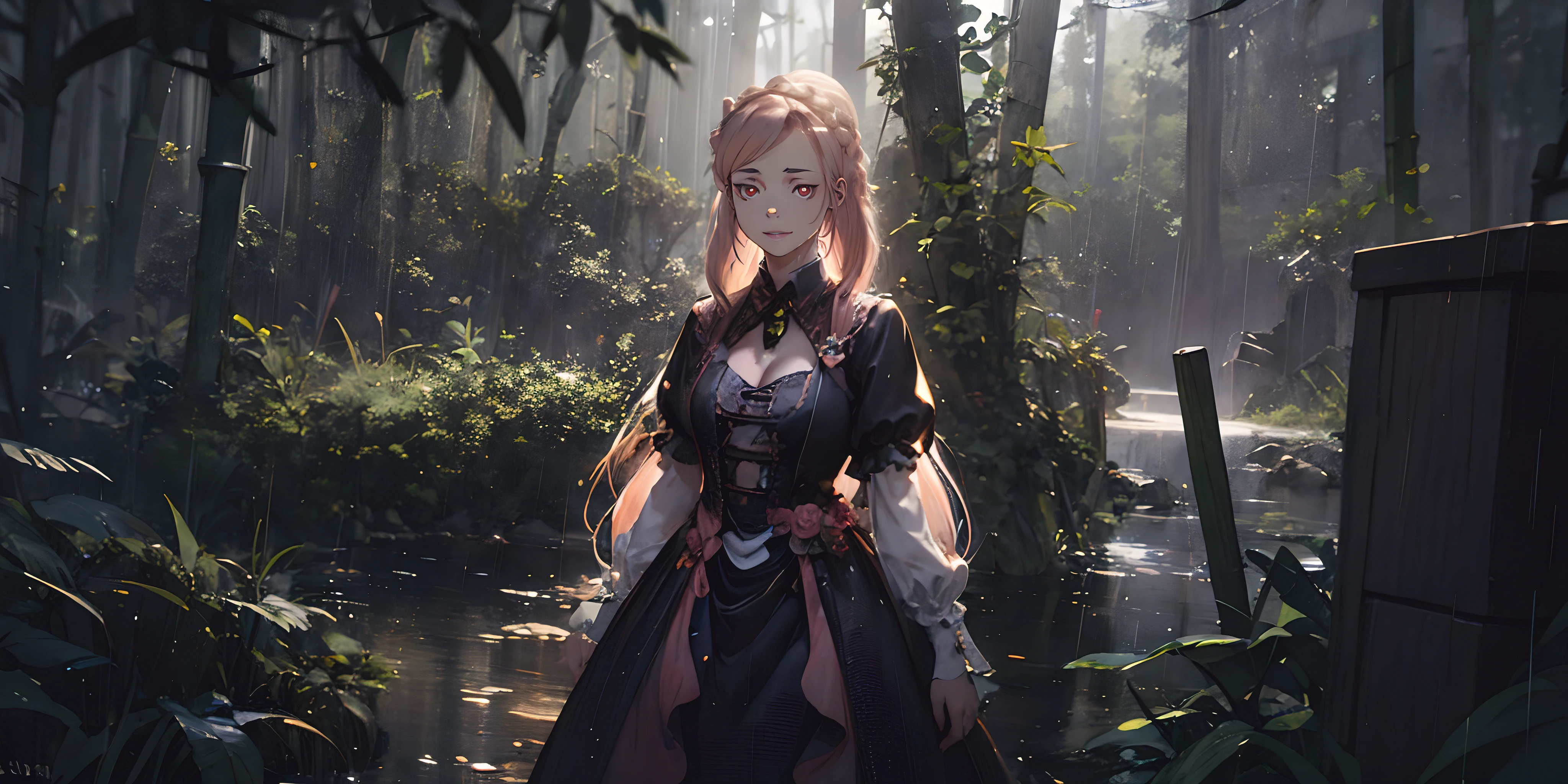 SnbAmr-KJ , crown braid , twintails, (pink hair:1.7), red eyes, seductive smile, sweating, glowing eyes, 1girl, dress, solo, breasts, black_dress, plant, looking_at_viewer, cleavage, rain, standing, flower, glow effects, godrays, Hand drawn, render, 8k, octane render, cinema 4d, blender, dark, atmospheric 4k ultra detailed, cinematic, Sharp focus, big depth of field, Masterpiece, colors, 3d octane render, 4k, concept art, trending on artstation, hyperrealistic, Vivid colors, extremely detailed CG unity 8k wallpaper, trending on CGSociety, Intricate, High Detail, dramatic,