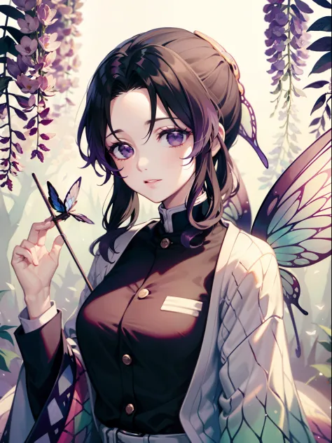 long dark purple hair, purple delaled sparkling eyes, Flower fairy, Transparent colorful wings, Magic wand，The background is for...