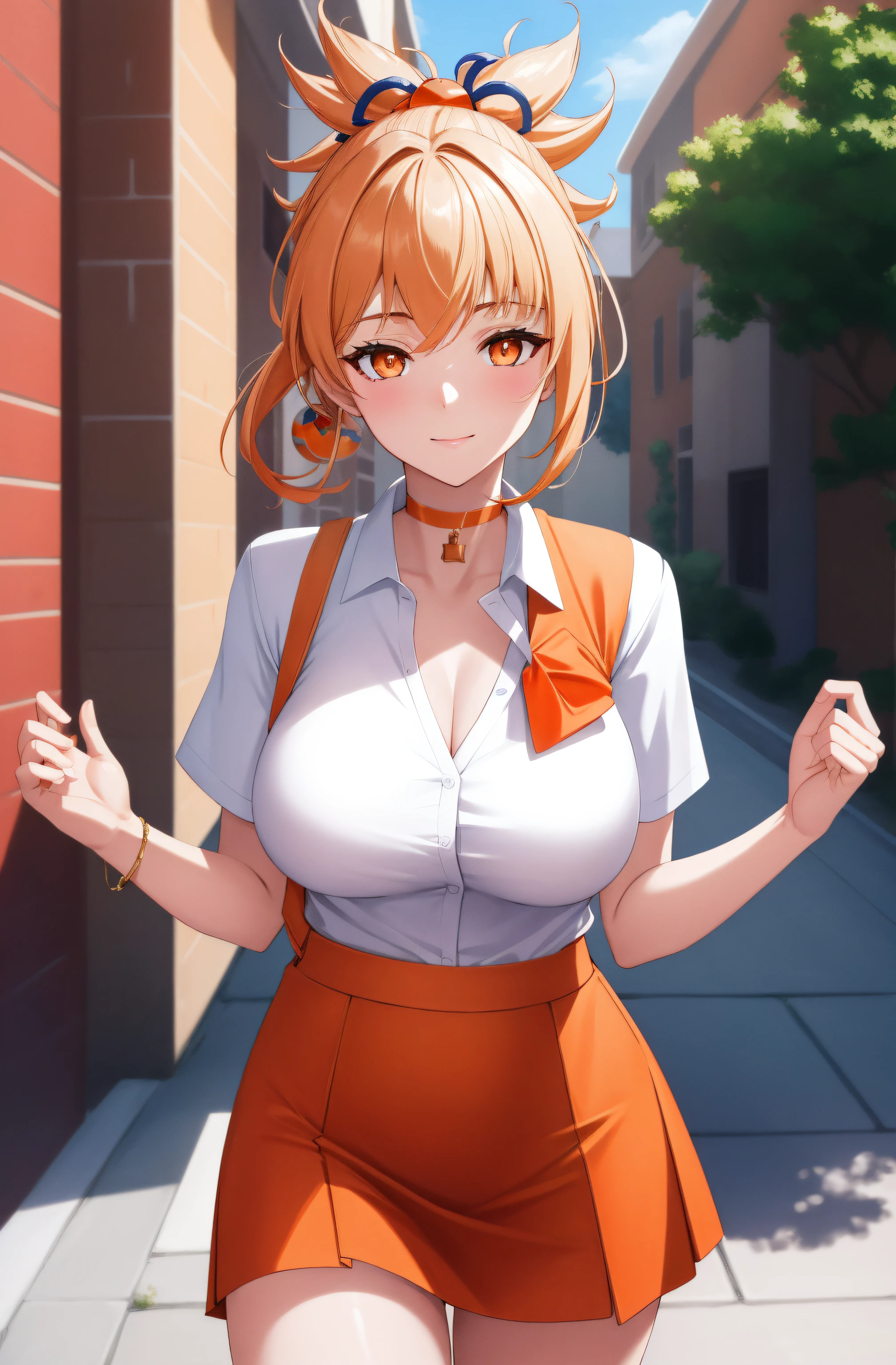 (day:1.7), standing in front of  a building in the background,
school_uniform,short_sleeves,Red skirt ,sweater vest, White collared shirt, 
yoimiya, arm tattoo, choker, hair ornament, light brown hair, long hair, (orange eyes:1.5), red choker, sidelocks,
1 girl, 20yo,young female,Beautiful Finger,Beautiful long legs,Beautiful body,Beautiful Nose,Beautiful character design, perfect eyes, perfect face,
looking at viewer, (innocent_big_eyes:1.0),(expressionless:1.3),seductive pose.teasing smile, 
NSFW,official art,extremely detailed CG unity 8k wallpaper, perfect lighting,Colorful, Bright_Front_face_Lighting,
(masterpiece:1.0),(best_quality:1.0), ultra high res,4K,ultra-detailed,
photography, 8K, HDR, highres, absurdres:1.2, Kodak portra 400, film grain, blurry background, bokeh:1.2, lens flare, (vibrant_color:1.2)
(Beautiful,medium_Breasts:1.4), (beautiful_face:1.5),(narrow_waist),(perfect anatomy,perfect fingers),