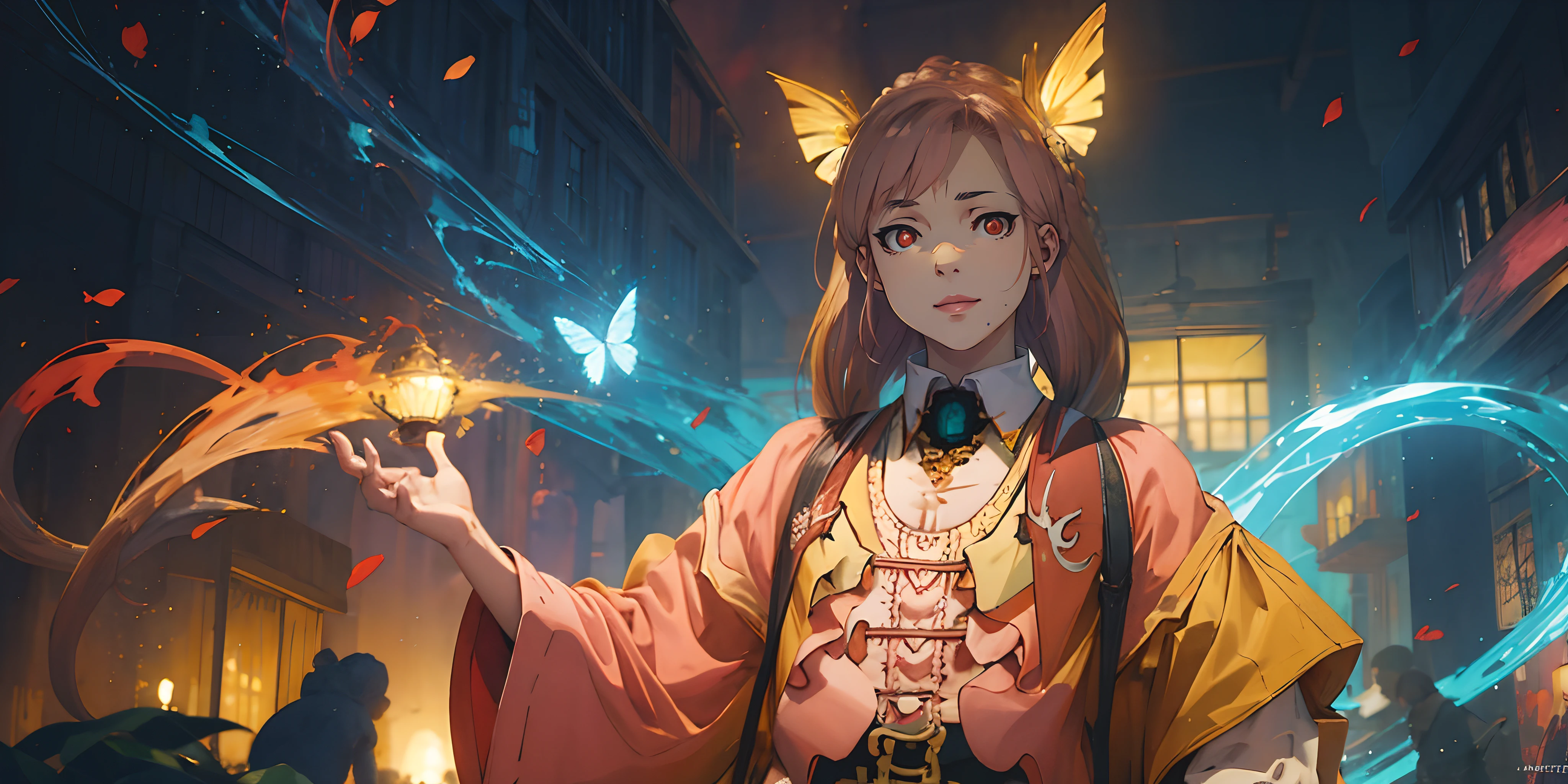 SnbAmr-KJ , crown braid , twintails, (pink hair:1.7), red eyes, seductive smile, sweating, glowing eyes, epic art, fantasy art, butterfly, lantern, wide_sleeves, 1girl, blue_butterfly, standing, lips, instrument, long_sleeves, looking_at_viewer, chinese_clothes, glow effects, godrays, Hand drawn, render, 8k, octane render, cinema 4d, blender, dark, atmospheric 4k ultra detailed, cinematic, Sharp focus, big depth of field, Masterpiece, colors, 3d octane render, 4k, concept art, trending on artstation, hyperrealistic, Vivid colors, extremely detailed CG unity 8k wallpaper, trending on CGSociety, Intricate, High Detail, dramatic,