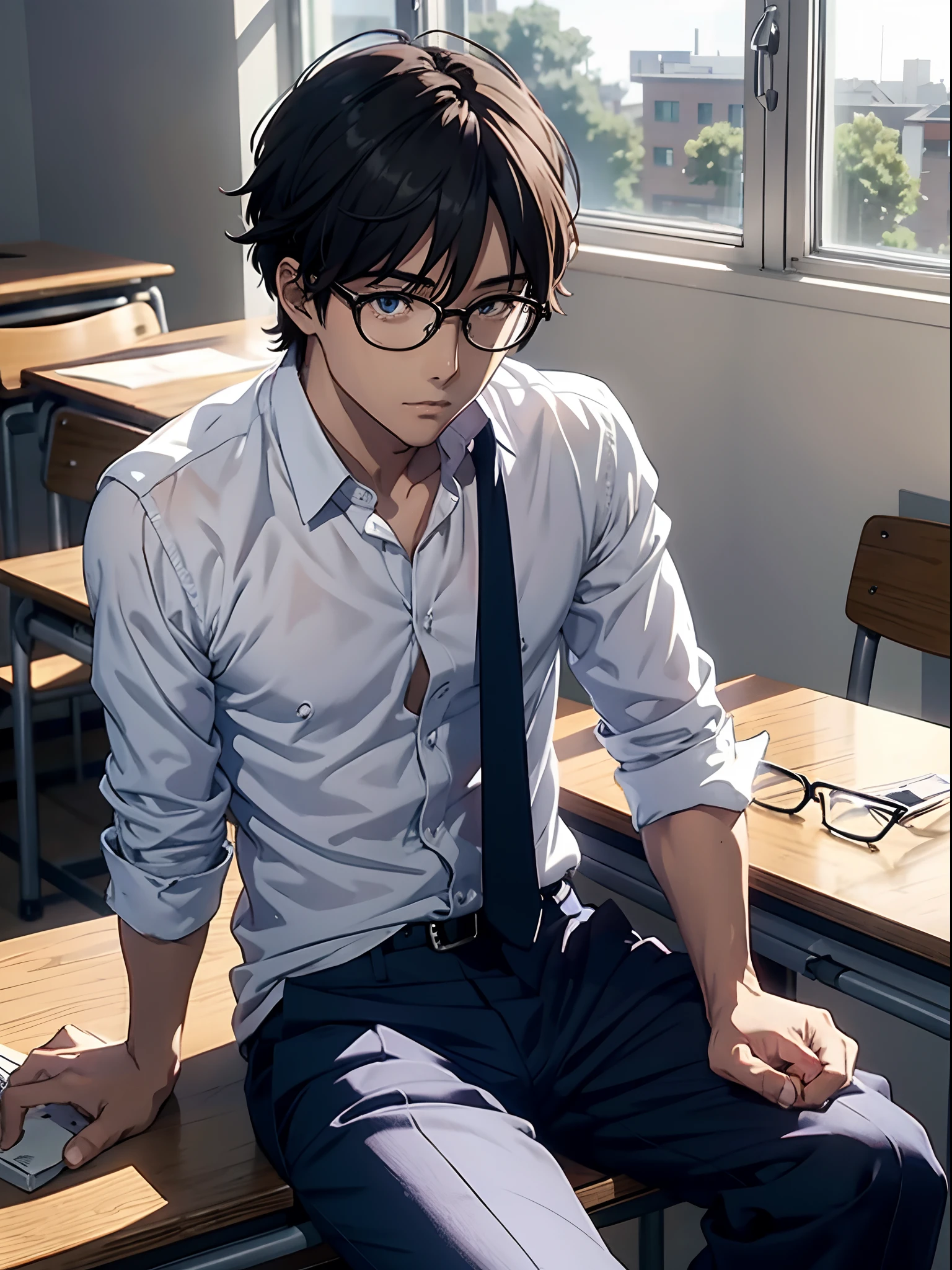 Anime boy sitting on a desk in a classroom with a laptop - SeaArt AI