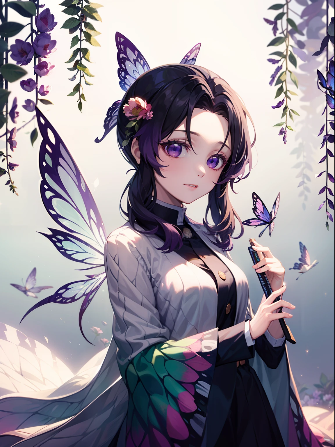 long dark purple hair, purple delaled sparkling eyes, Flower fairy, Transparent colorful wings, Magic wand，The background is forest，fresh flowers，green trees，Outstanding quality，illustration，8k，High definition,