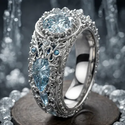 (8K, 16 k, Award-winning, Highest quality, Top resolution, Super detail, high detal, Anatomically correct, masutepiece, Stunning beauty), (metal ring: 1.3), (Icicles grow from rings :1.5), Manly ring, detailed ornaments, Snowflake carving, delicate craftsm...