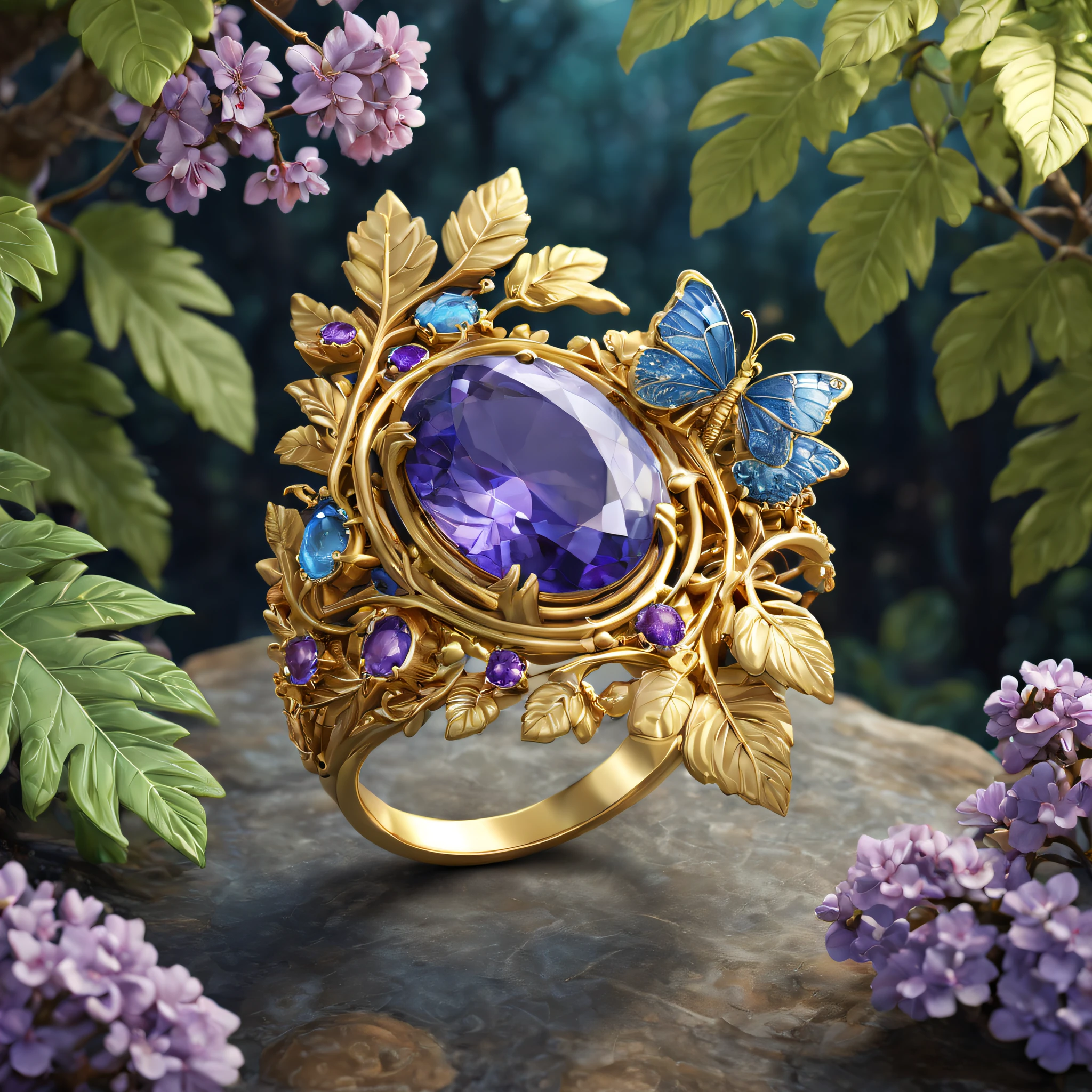 Product image of the ring，Gold ring set with blue-purple gemstones，tmasterpiece，（Very detailed CG unity 8K wallpaper），（best qualtiy），（Most Best Illustration），（Best shadow），The background is a forest theme with natural elements，blossoms，a warm color palette，surrounded by exquisite leaves and branches，rays of sunshine，（nature elements），（Jungle theme），（leafs），grape trees，butterflys，（exquisite leaves），（Particle effect），Isometric 3D，rendering by octane， Ray traching，ultra - detailed