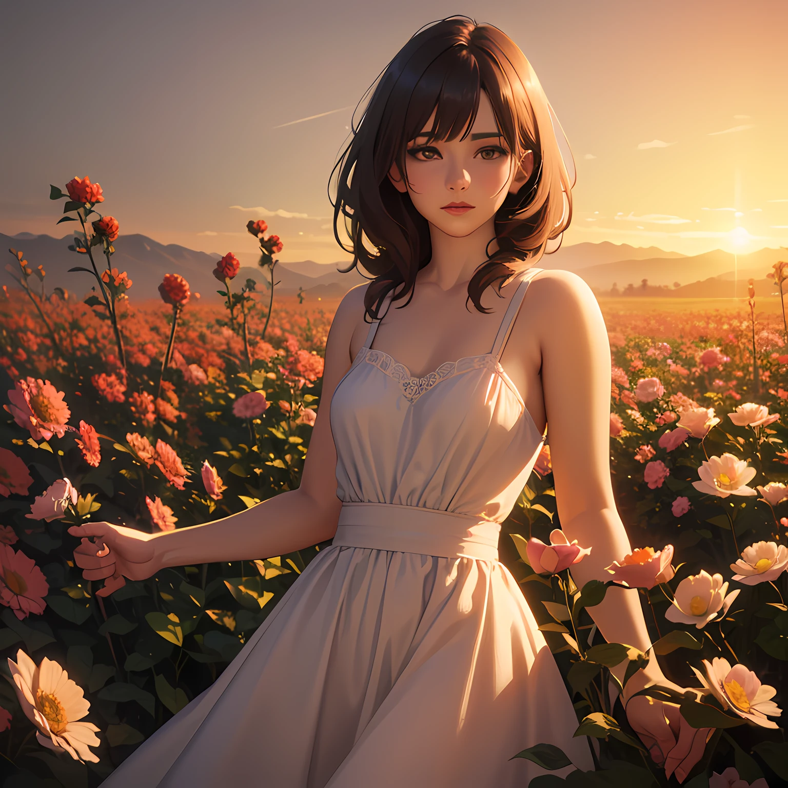 (best quality,highres,ultra-detailed,realistic:1.37), vibrant colors, painterly style, warm color palette, soft lighting, gentle breeze, dreamlike atmosphere, flowers in bloom, golden hour, flowing dress, nostalgic setting