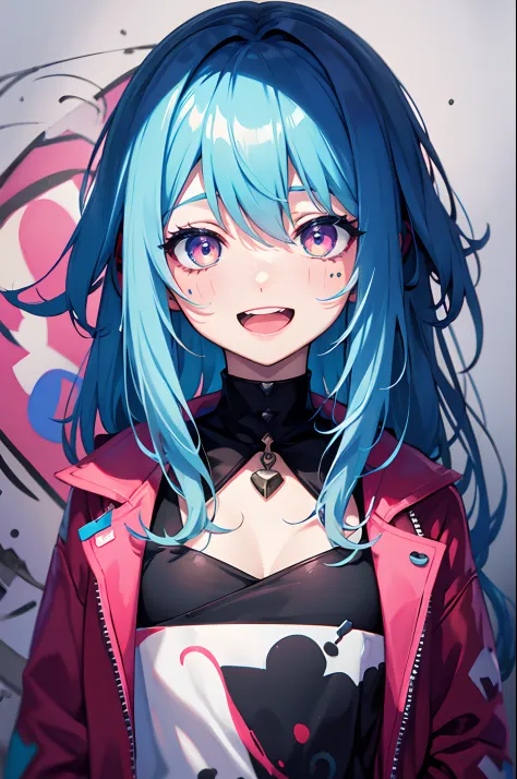 Graffiti face, colourful eyes, open mouth, yandere expression, smile, look at viewer, hand not visible, PastelColors, thinking, ...