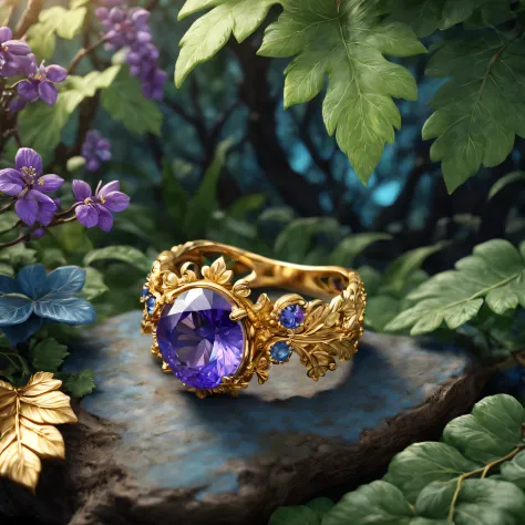 Product image of the ring，Gold ring set with blue-purple gemstones，tmasterpiece，（Very detailed CG unity 8K wallpaper），（best qualtiy），（Most Best Illustration），（Best shadow），The background is a forest theme with natural elements，blossoms，a warm color palette...