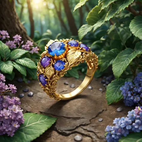 product image of the ring，gold ring set with blue-purple gemstones，tmasterpiece，（very detailed cg unity 8k wallpaper），（best qual...