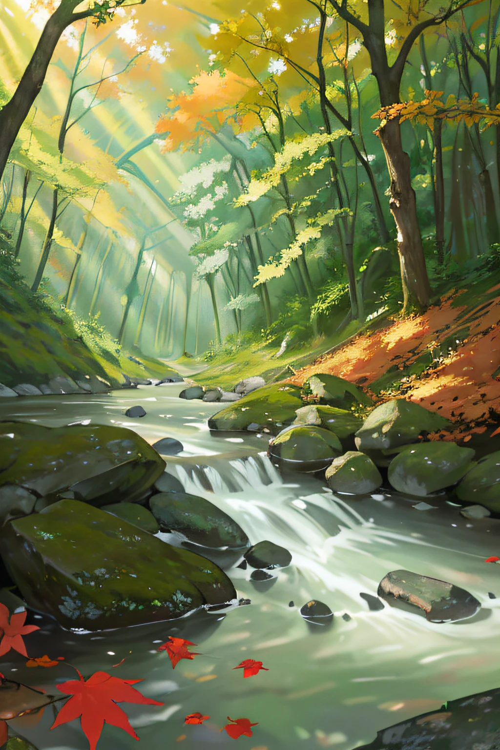 숲의 흐름 강 정신 아름다운 빛 나뭇잎 자연의 아름다움 경이로움 마술 붉은 잎 노란 잎 녹색 숲 조명 효과 신비로운 분위기 수면 강 바위 그림자 구성 다른 세상의 경험