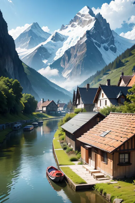 A house surrounded by mountains and a small canal