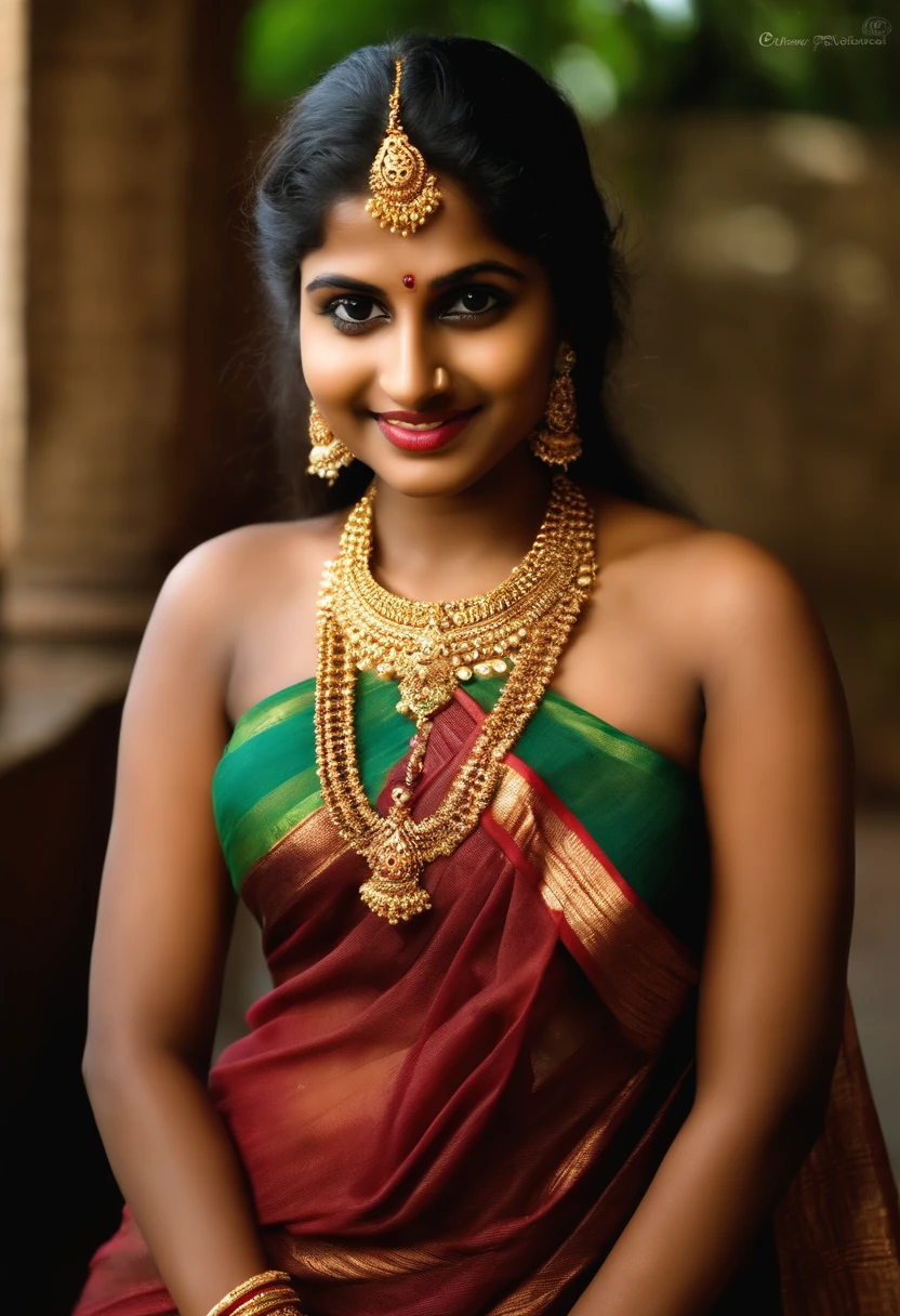 A woman in a red and green sari with gold jewelry - SeaArt AI