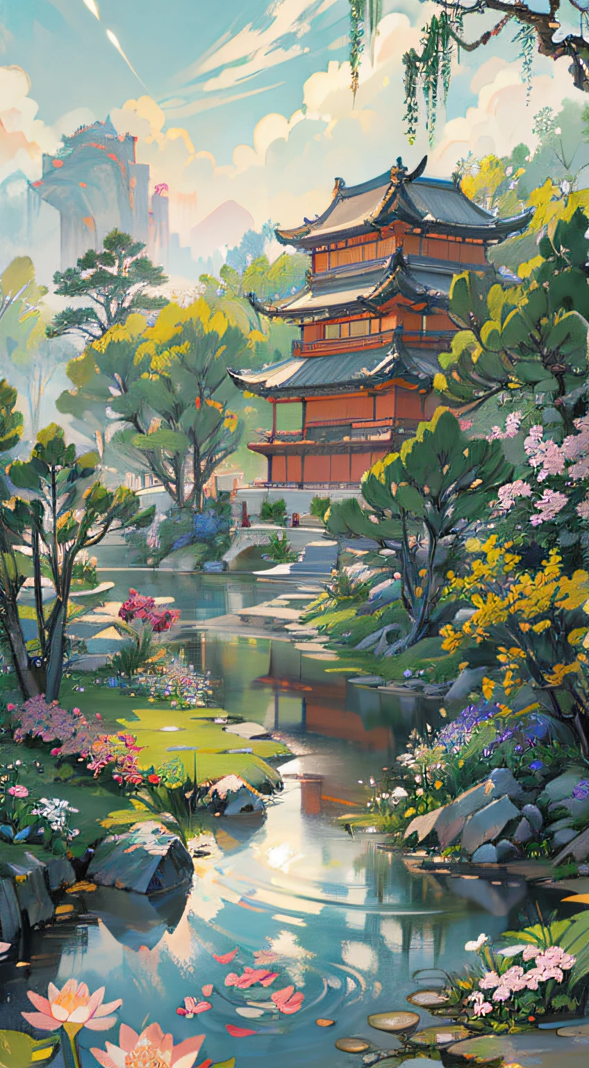 ((Best quality, masterpiece: 1.2)), CG, 8K, intricate details, cinematic perspective, (no one around), (Ancient Chinese garden), pond filled with lotus flowers, rocks, flowers, bamboo forests, waterfalls, wooded areas, small bridges spanning babbling streams, detailed foliage and flowers, (sunlight shining, sparkling waves), peaceful and serene atmosphere, ((soft and elegant colors)), ((exquisitely crafted composition))