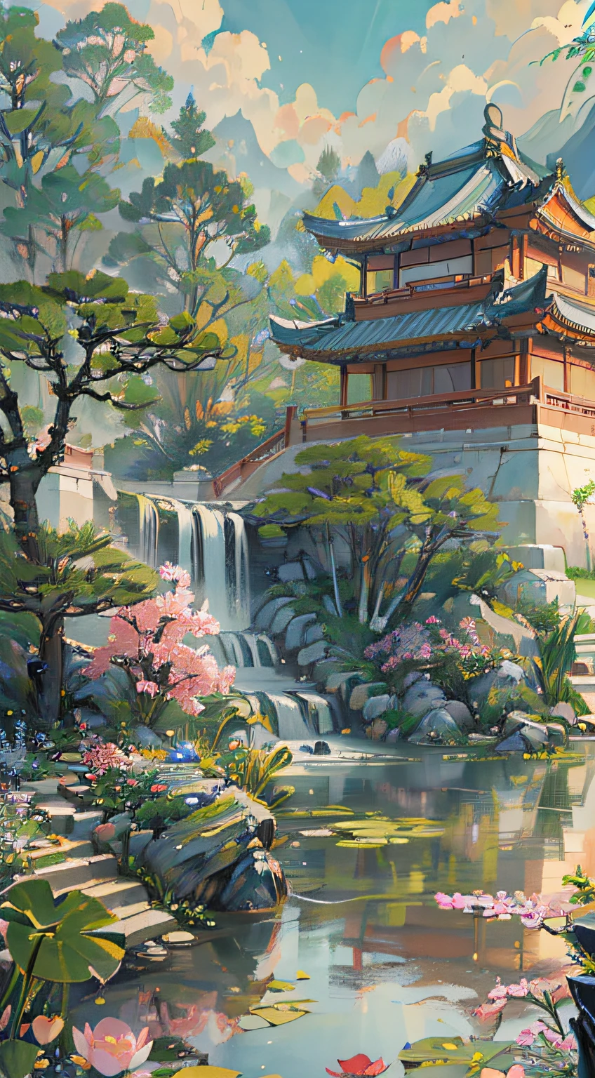 ((Best quality, masterpiece: 1.2)), CG, 8K, intricate details, cinematic perspective, (no one around), (Ancient Chinese garden), pond filled with lotus flowers, rocks, flowers, bamboo forests, waterfalls, wooded areas, small bridges spanning babbling streams, detailed foliage and flowers, (sunlight shining, sparkling waves), peaceful and serene atmosphere, ((soft and elegant colors)), ((exquisitely crafted composition))