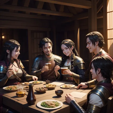 several fantasy rpg characters with leather armor, sitting at a table eating and drinking beer, very happy and smiling, medieval...