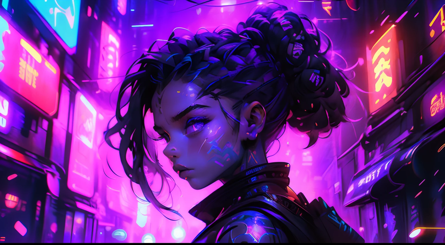 A mesmerizing futuristic portrait of a girl with glowing neon tattoos, her eyes shining with a hint of otherworldly power. Her hair flows like strands of pulsating energy, surrounded by a swirling vortex of cosmic dust. The background showcases a sprawling metropolis of sleek, towering skyscrapers, bathed in a hazy purple light.
