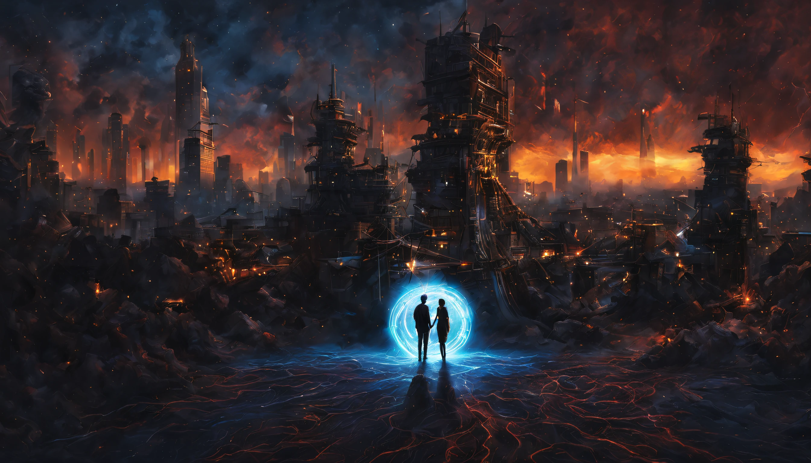 Man and woman holding hands, romance, Electropunk, Tesla coils. Arc Electricity, unusually, Masterpiece, big, ultradetail, City Rooftops, The sky is good, the night, 24 thousand.. hiquality, in detail