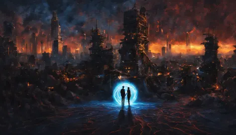 man and woman holding hands, romance, electropunk, tesla coils. arc electricity, unusually, masterpiece, big, ultradetail, city ...