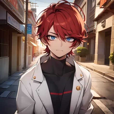 Anime - imagem de estilo de u homemcom cabelo vermelho e olhos azuis, cara de anime alto com olhos azuis, jovem homem de anime, ...