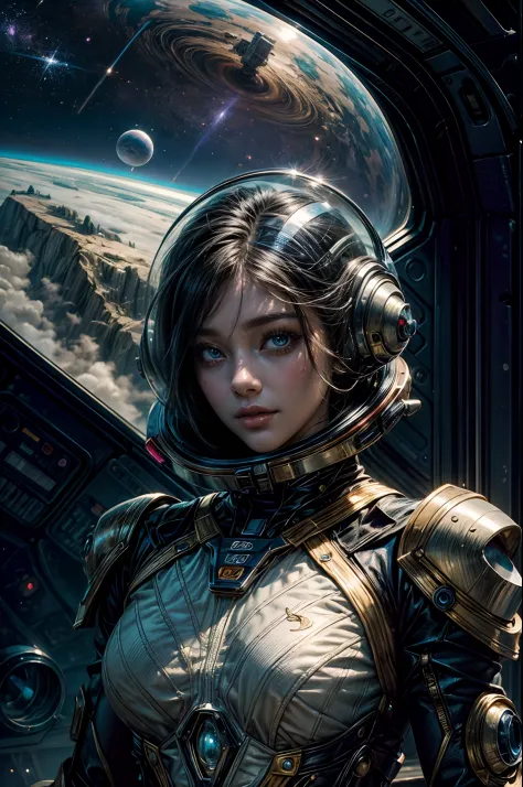 "A detailed painting of a closeup alien girl dressed as a space ranger, exploring an extraterrestrial landscape adorned with vibrant, otherworldly flowers. Science fiction wonderland, imaginative, space adventure."