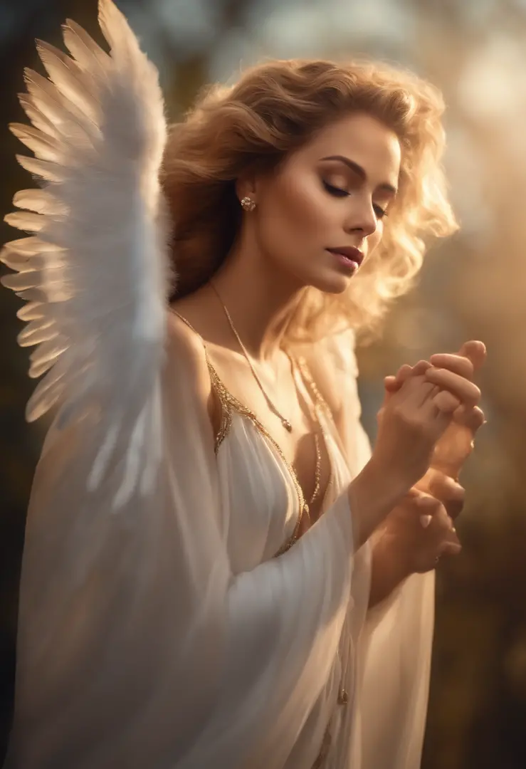 angel mujer cantando ,con alas doradas pelo largo y claro ,ojos radiantes yvestimenta moderna y elegante
