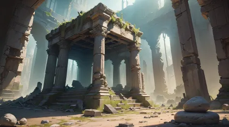 (((Masterpiece)), (((Ruins))), HDR, volumetric light, penumbra, depth of field, the best work of art station, Ruins of an alien civilization on an alien planet. Stones with alien drawings and diagrams, alien hieroglyphs and letters, Schematic images of fan...