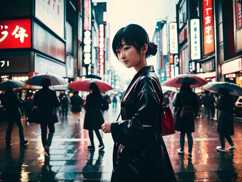 (masterpiece) beautiful japanese woman, tokyo crowd, light rain, early morning busy street scene, dynamic action poses, happy mo...