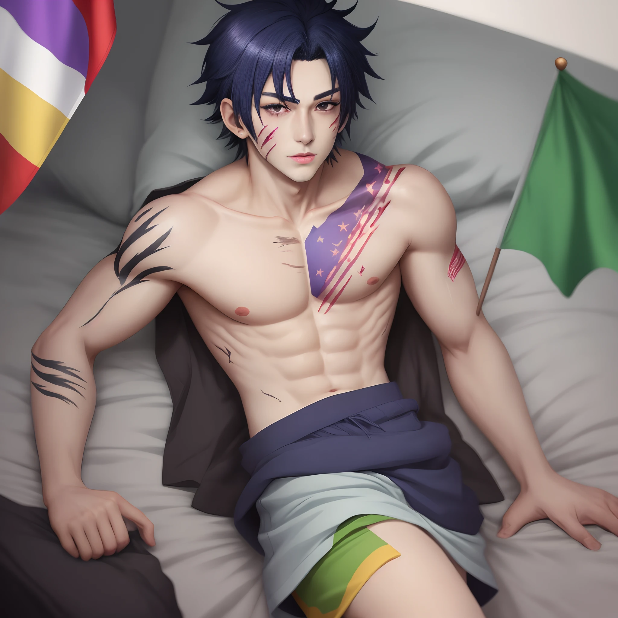 Anime guy with a shirtless body and a tie laying on a bed - SeaArt AI