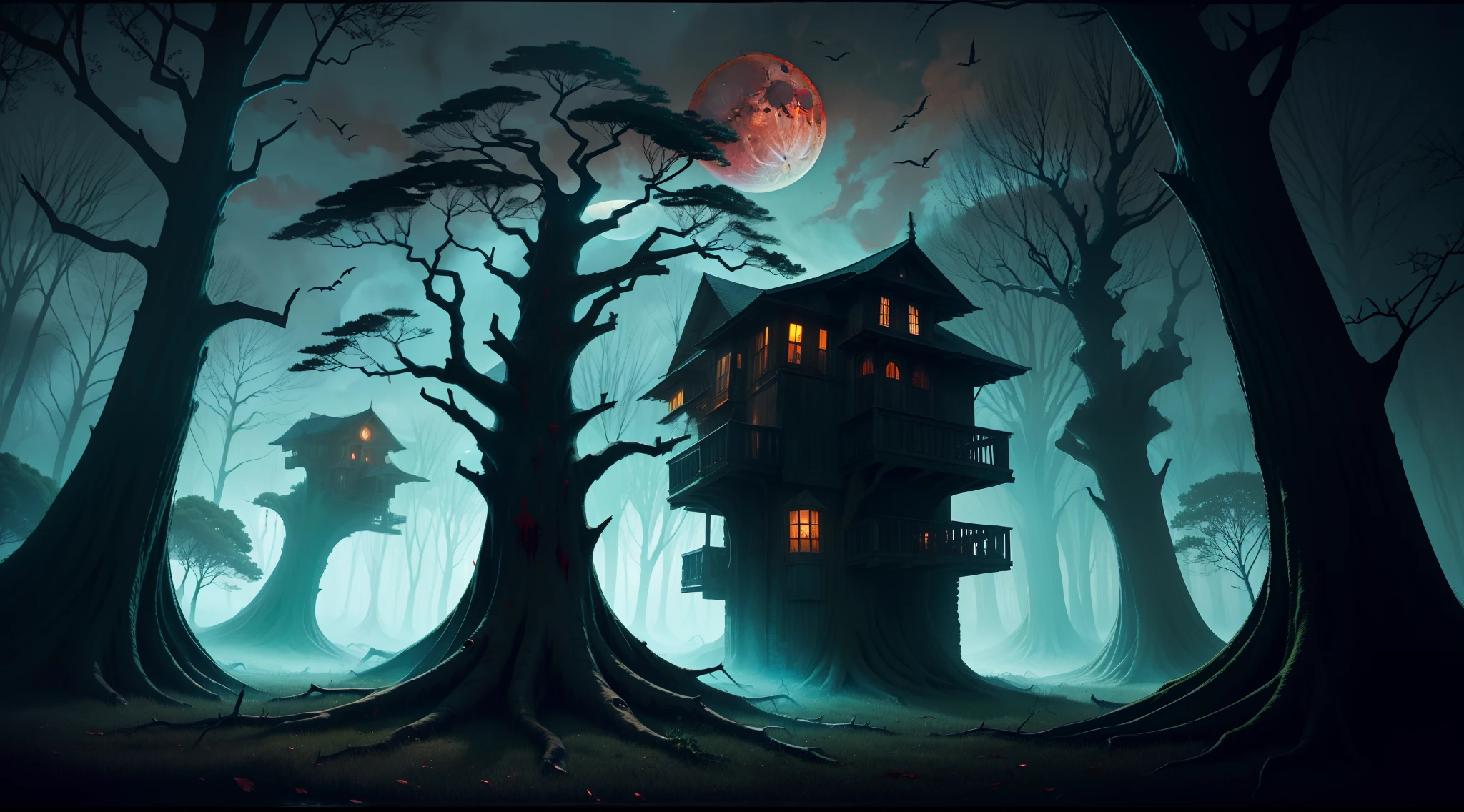 巨大的枯树像阴险的哨兵一样耸立. 在天空血月的笼罩下, 令人难忘的黑暗和神秘的境界.