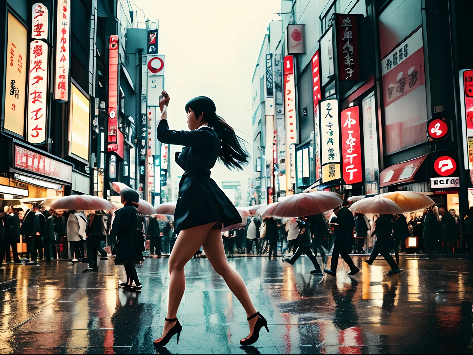 (Masterpiece) beautiful Japanese woman, Tokyo crowd, light rain, early morning busy street scene, dynamic action poses, happy moment, Holga photography, analog camera, lo-fi, detailed composition, cinematic lighting, cyclorama effect.