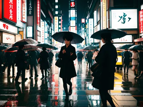 (masterpiece) beautiful japanese woman, tokyo crowd, light rain, early morning busy street scene, dynamic action poses, happy mo...