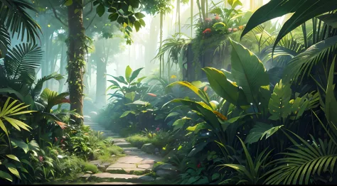 (Best Quality, 4k, 8K, Supreme, Masterpiece:1.2), Ultra-detailed, Realistic, Jungle, Lush greenery, tropical plants, colorful flowers, dense foliage,, Sun light, seeping through the canopy, foggy atmosphere, Cascading waterfalls, Focus on describing the sc...